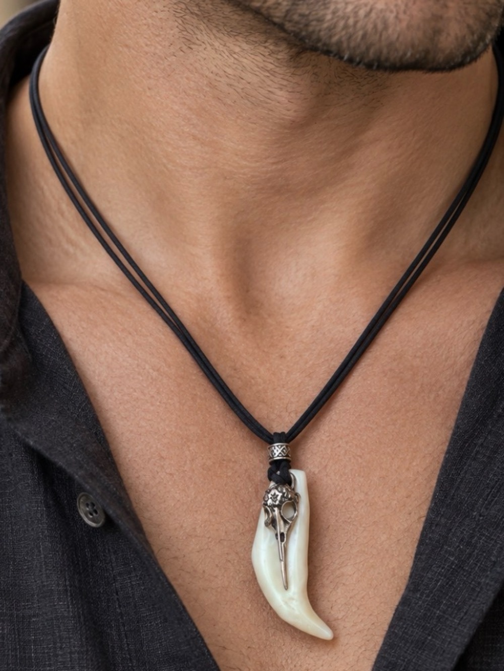 Men's Black Leather Cord Necklace with White bear teeth Pendant